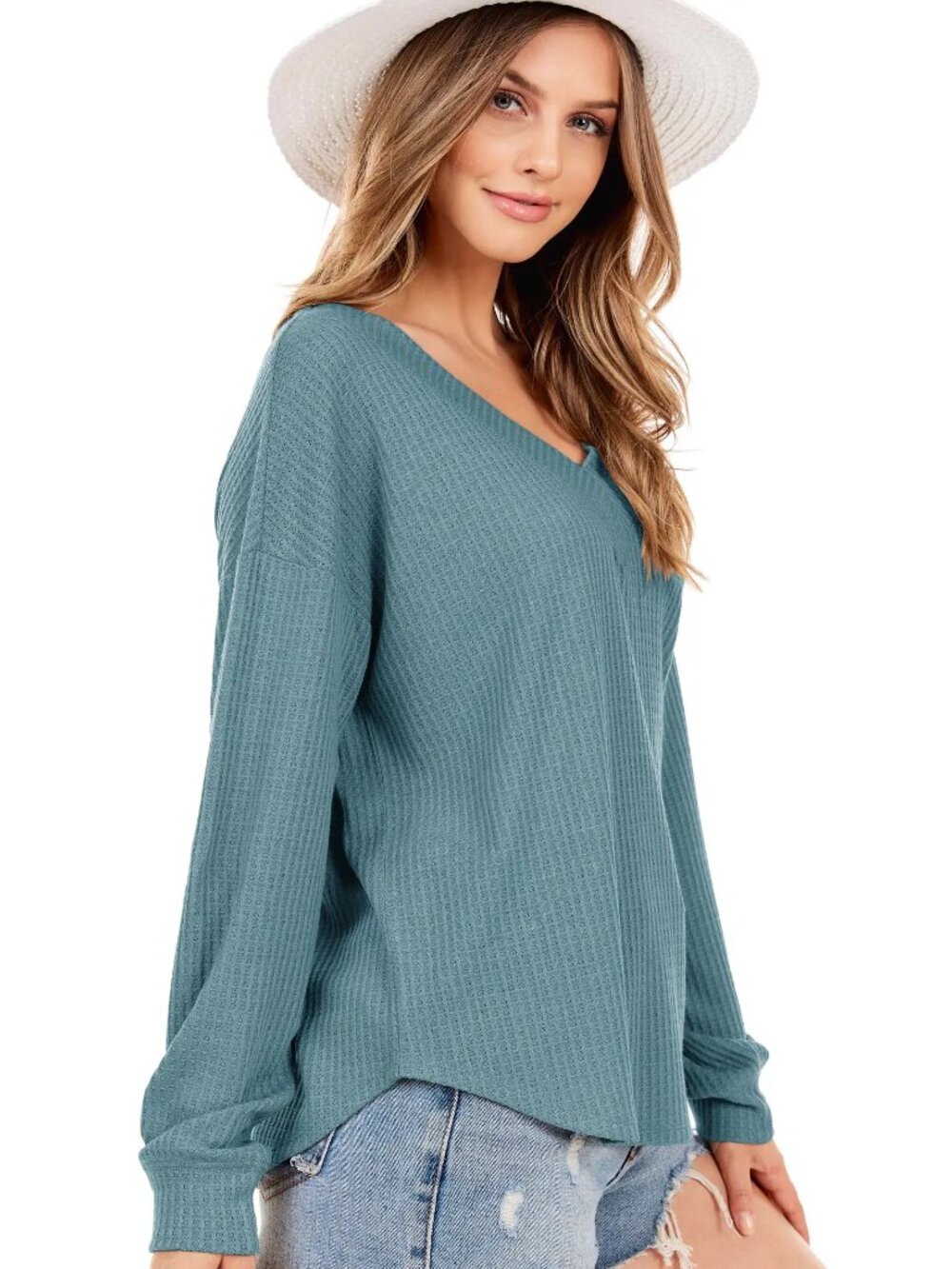 Shop Basic USA Size M Slate Blue Long Sleeve Waffle Knit Top V-Neck EUC